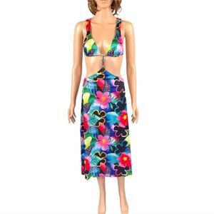 For Love & Lemons Midi Dress Silk Blend Floral Cut Out Colorful Retro Tropical